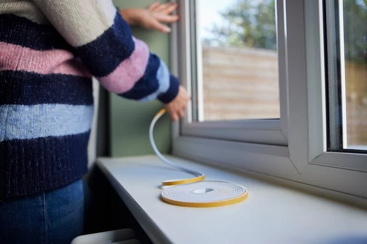 Low view of someone in a stripy jumper using excluder strips on a closed double glazed window