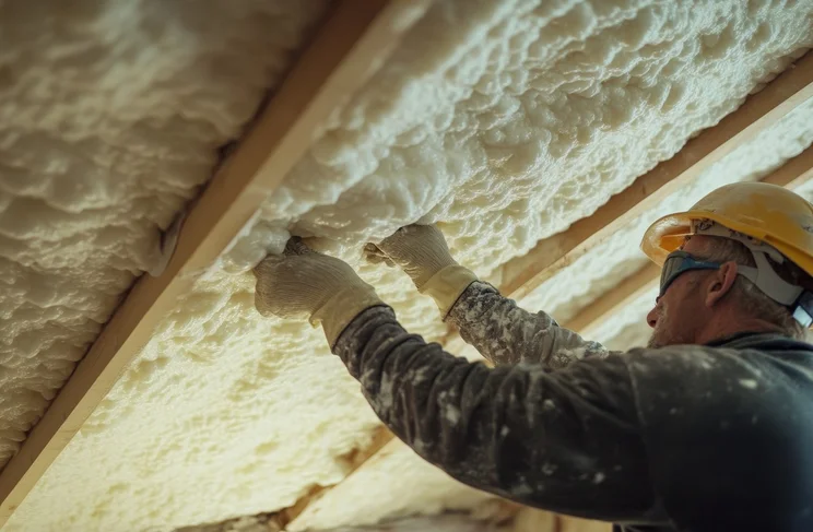 Insulation being installed between rafters