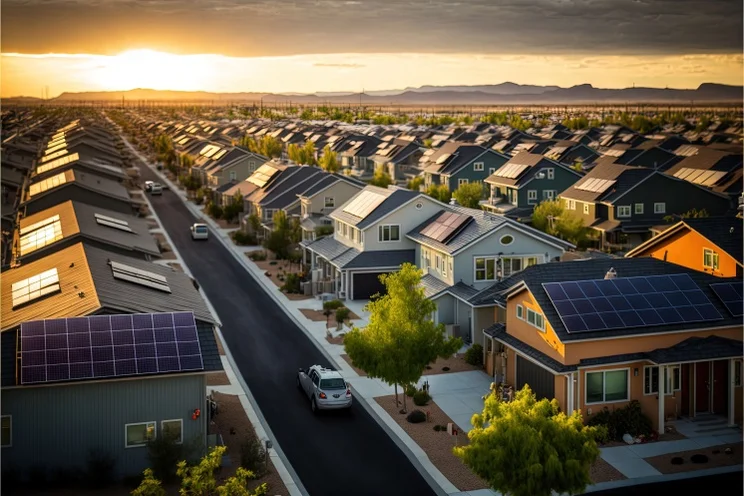 a bird's-eye view at sunset of a street with houses with solar panels on them