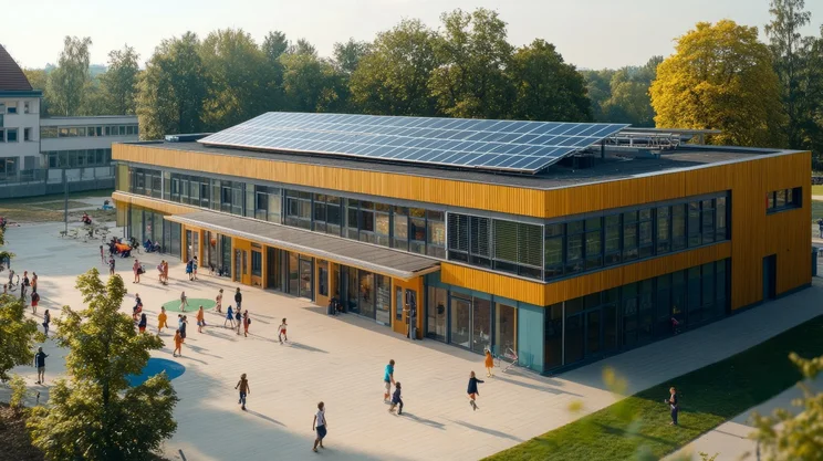 A modern school building with rooftop solar panels, children playing outside - pic credit: Adobe (AI generated)