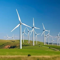 Wind farms operating in across rolling green hills in the UK countryside