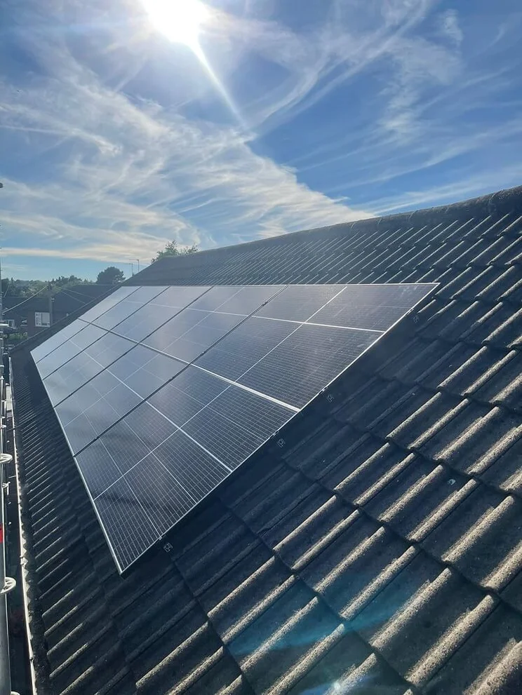 Close-up of solar panels on a roof in Harrogate, North Yorkshire, UK