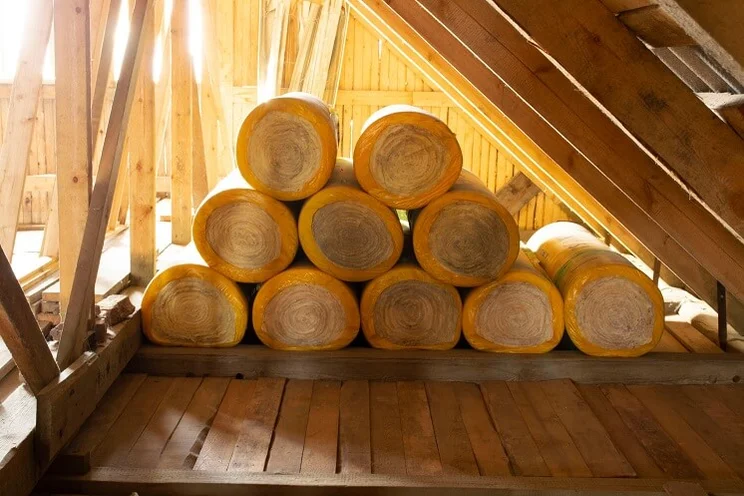 rolls of wool blanket insulation piled on top of one another in wooden loft