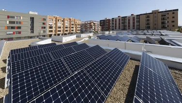 Rows of solar panels on flat roof