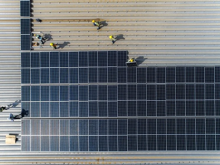 Installing solar panels birds eye view