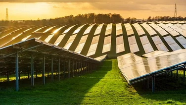 Solar panels in a field at an angle