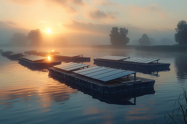 Floating solar farms at sunset