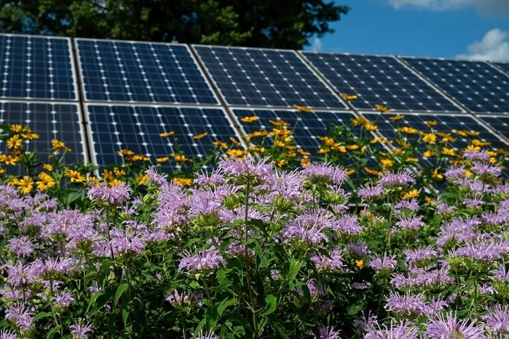 Purple and yellow wild flowers blooming in a garden with solar panels in the background