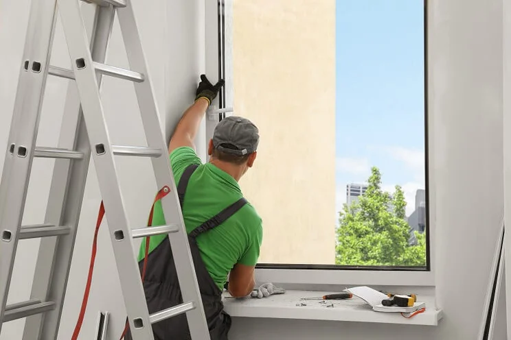 Someone in a green shirt and overalls installing a large double glazed window with a step ladder next to them