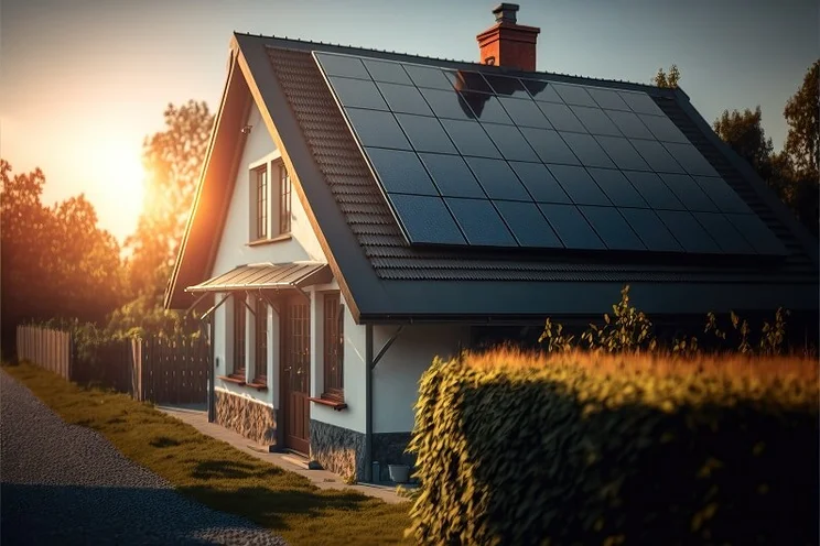 Sleek and stylish black solar panels on the roof of a house. The sun is rising just behind the house.