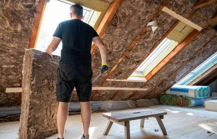 Someone stood in a light loft with windows installing roof insulation panels