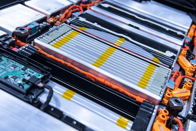 Close up of a lithium battery pack for electric cars