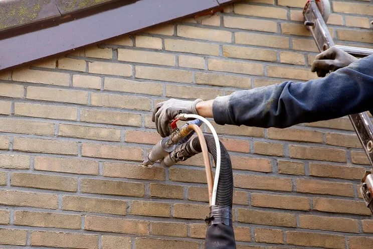 Someone Installing cavity wall insulation into the wall through a small hole