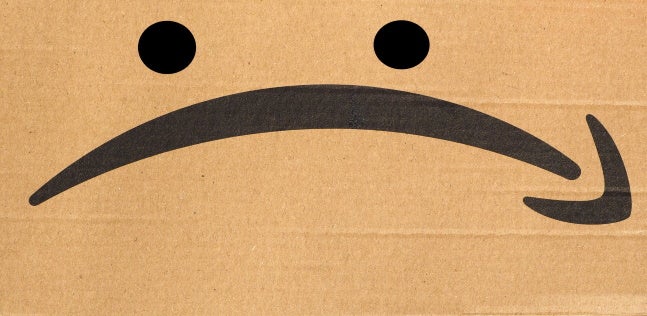 an Amazon box altered to resemble a sad face