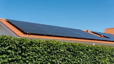 picture of solar panels on red-tiled roof of house, taken from behind hedge