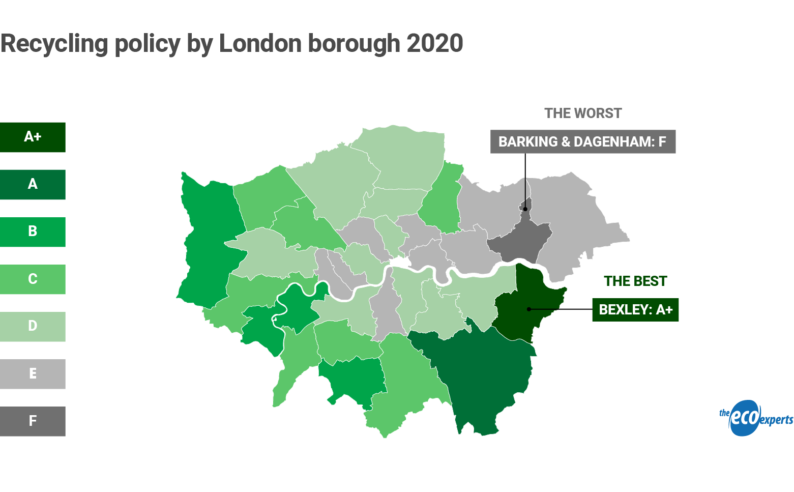 map of London showing recycling policy by borough