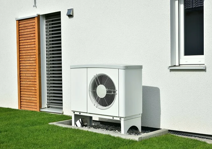 white heat pump unit outside home with green lawn and white walls