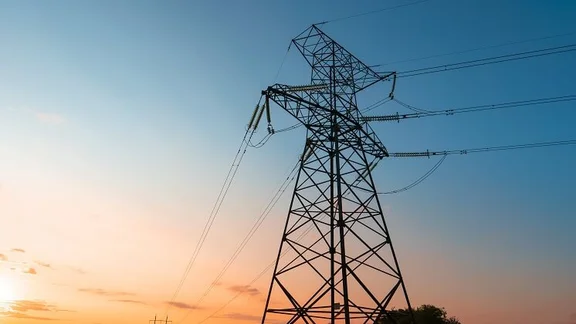 An electricity pylon at dusk, with wires running to another pylon in the distance.