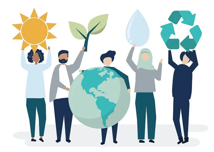 Concept art of people holding environmental stability representations. There is a sun, a plant, the world, a water drop, and the recycling symbol.