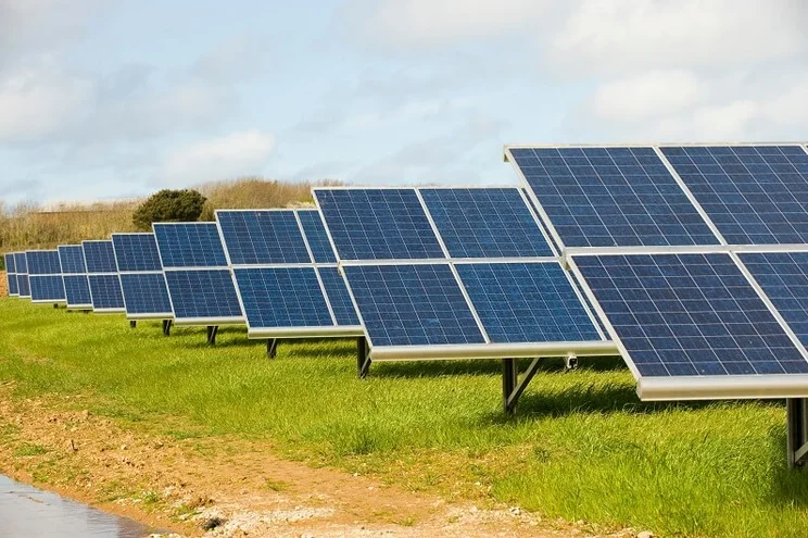 Rows of ground mounted solar panels in Cornwall