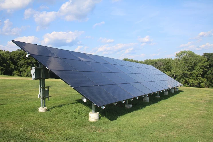 Ground-mounted solar panels.