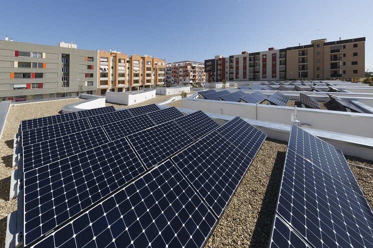 Rows of solar panels on flat roof