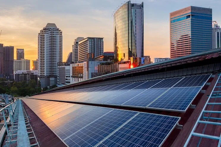 Solar panels overlooking the city
