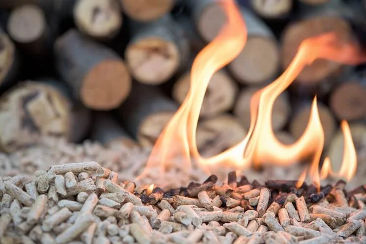 Close up shot of biomass pellets burning, creating biomass energy