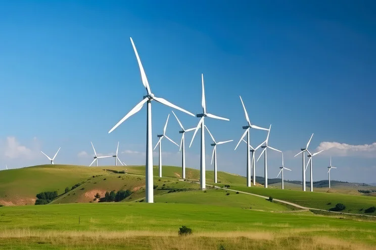 Wind farms operating in across rolling green hills in the UK countryside