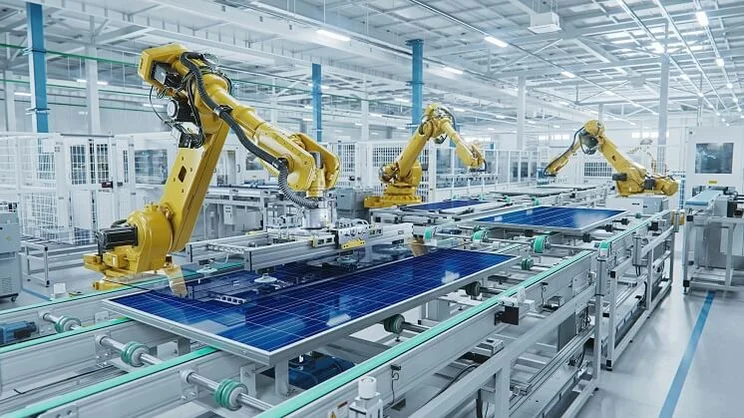 solar panels being assembled on a conveyor belt by large industrial robot arms