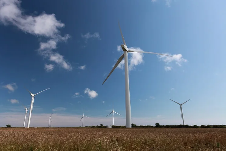 wind turbines in field with clear blue sky in background