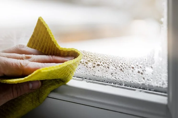 hand wiping away condensation from windows with flat yellow sponge